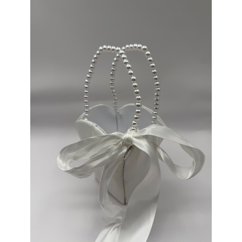 Unbranded Flower Girl Basket Girls OS White Satin Pearl Handles Bow Wedding